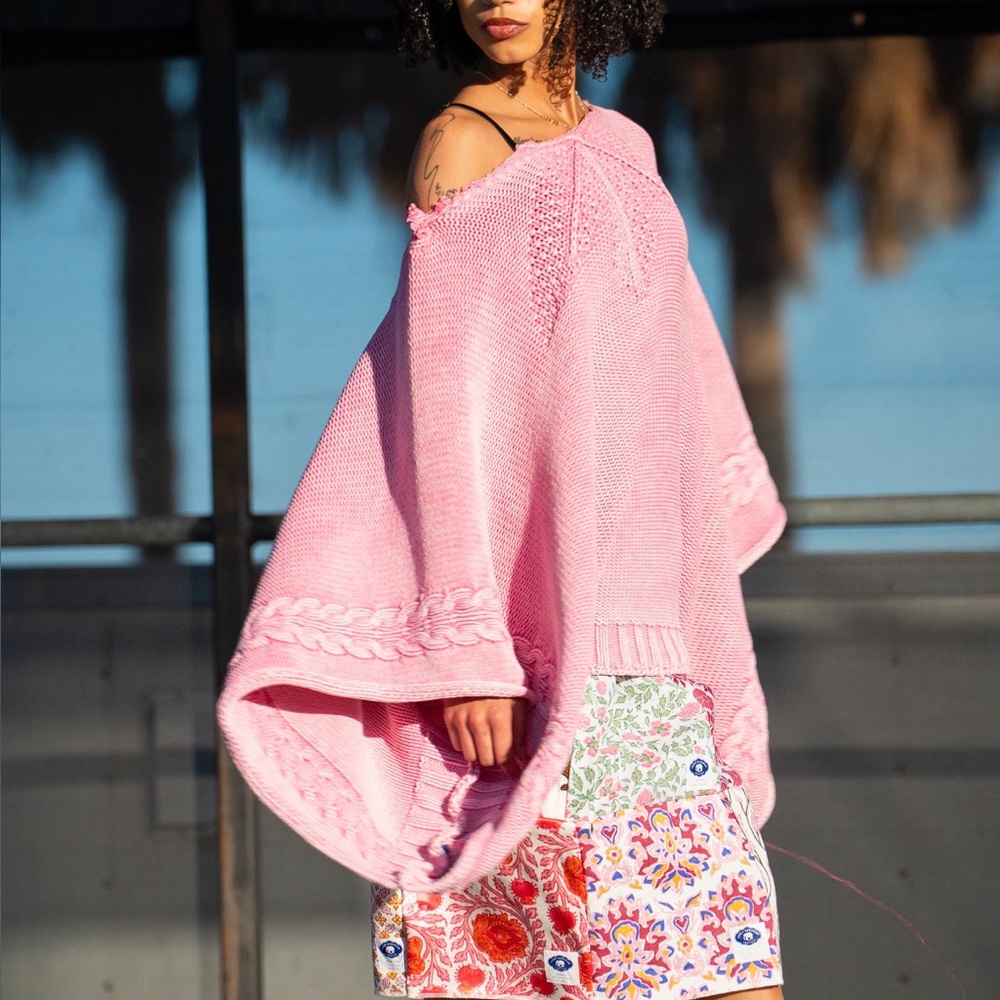 Pink Crochet Oversized Poncho Sweater Upcycled - Picture 4 of 5